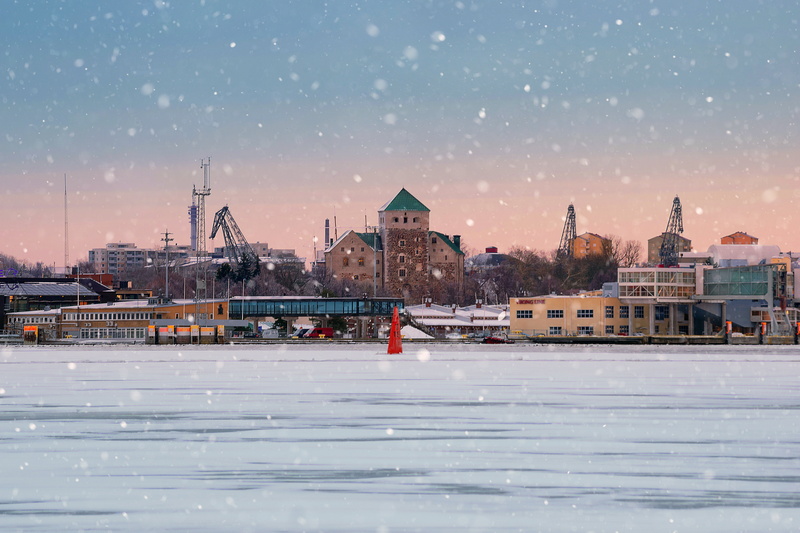 frozen, outdoors, turkus castle, snow rain, evening, landscape, architecture, nature, extreme weather, turku, snowing, dusk, city, building, sea, water