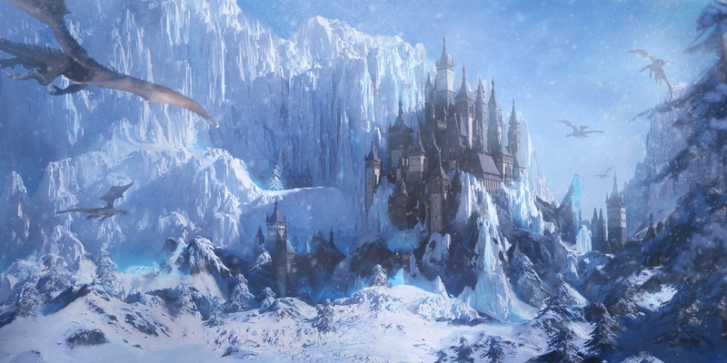 dragon, ice, snow, cliff, trees, castle, mountains, Arthur Yuan, digital art, 2K, fantasy art