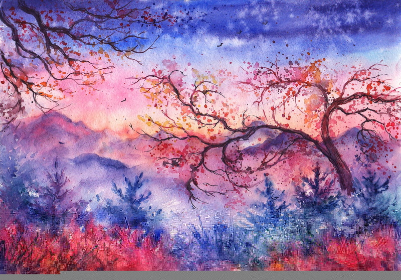 grunge, pink Color, watercolor Painting, splattered, birds, color Image, purple, foliage, design Element, the evening, watercolor Paints, painting, backdrop