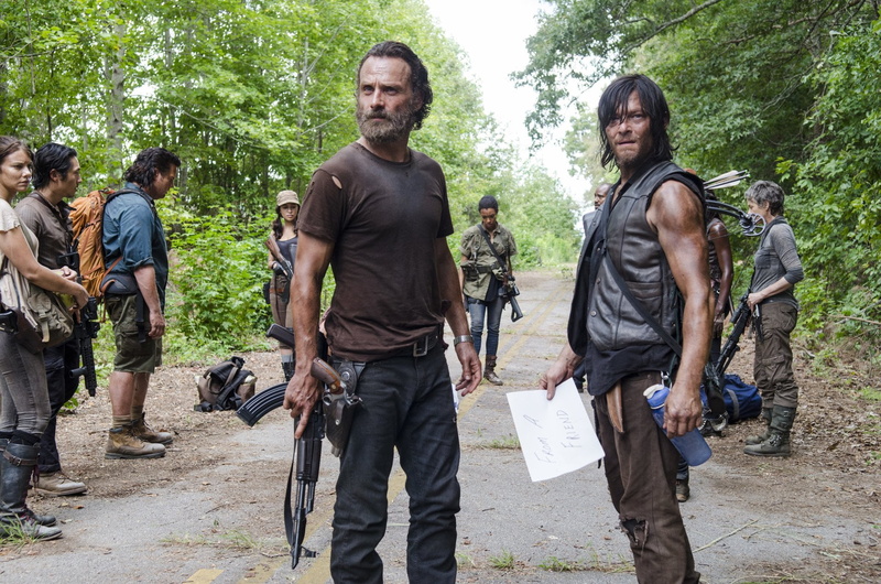 Cast, gun, men, group of people, The Walking Dead, aggression, nature, tree, TV Show, forest, plant, young adult, outdoors, standing, Rick Grimes, young men