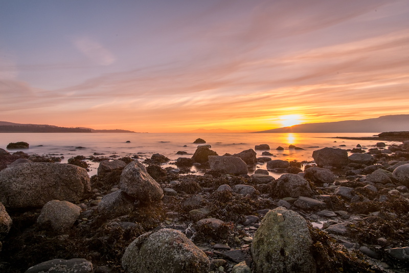 beside, sea, outdoors, Lunderston  Bay, sun, sky, Scotland, Gourock, shore, summer, sunset, Samyang, Lunderston Bay, nature, sea shore, rocks, landscape