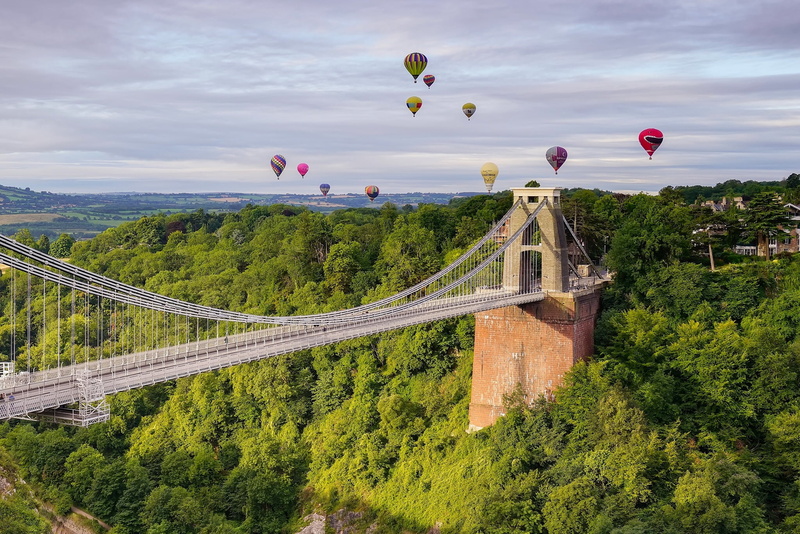 day, flying, architecture, tree, outdoors, balloons, cloud - sky, travel destinations, panorama, nature, bridge, transportation, balloon, Avon Gorge, Clifton Suspension Bridge