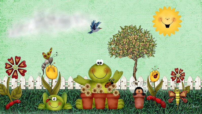 whimsical, garden, springs, birds, ladybug, tree, painting, cartoon, wonderl, flowers, frogs, firefox persona, gorgs, caterpille, fence, 1080P, grass