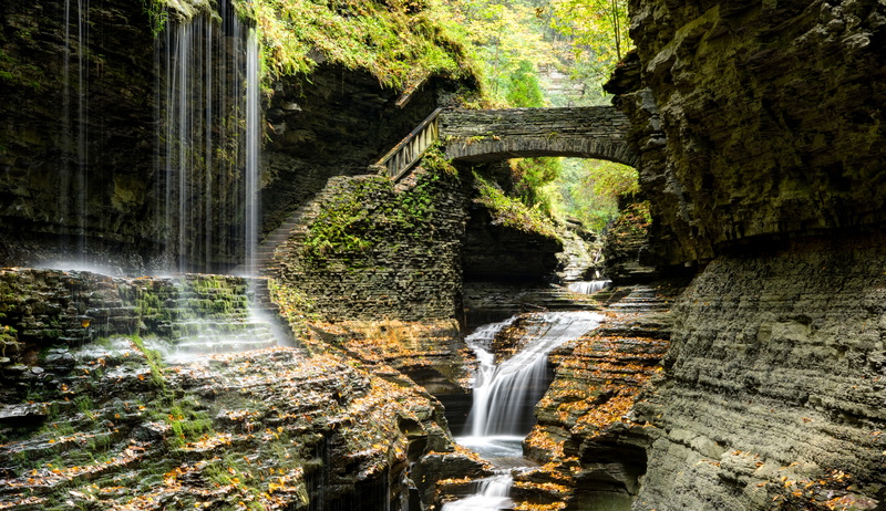 5K, bridge, steps, ladder, rocks, stream, USA, stones, waterfall, New York, Watkins Glen State Park
