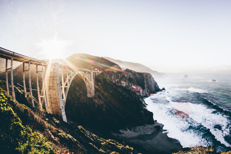 mountain, sun, water, 5K, no people, united states, sea, day, sky, bright, architecture, monterey, sunlight, rock, rock - object, bixby creek bridge, sunbeam