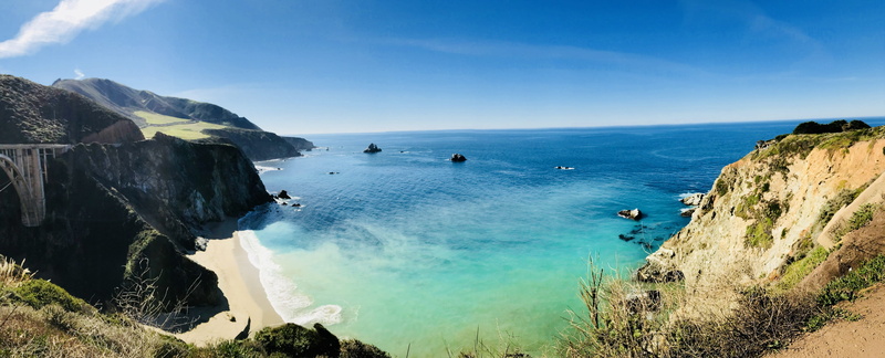 water, 2K, scenics - nature, land, sky, mountain, travel, united states, nature, blue, solid, sea, rock, beach, beauty in nature, cliff, motion, bixby creek bridge
