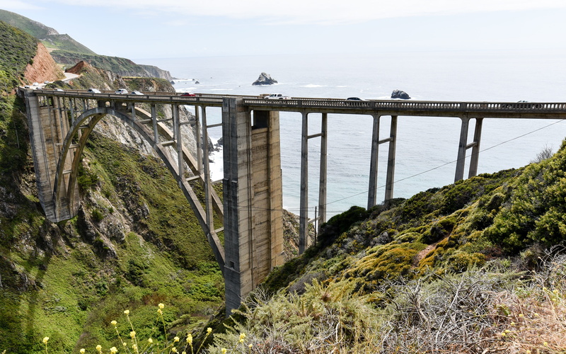 sky, sea, connection, plant, nature, bridge - man made structure, built structure, no people, scenics - nature, river, 4K, transportation, mountain, Bixby Creek Bridge