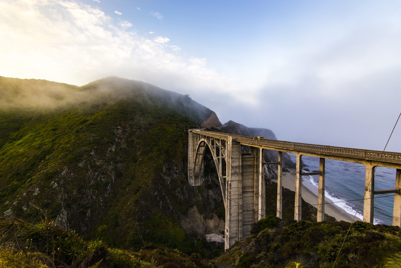 built structure, 5K, no people, bixby creek bridge, warm, hills, gold, sky, united states, architecture, trees, road, outdoors, highway 1, cloud - sky