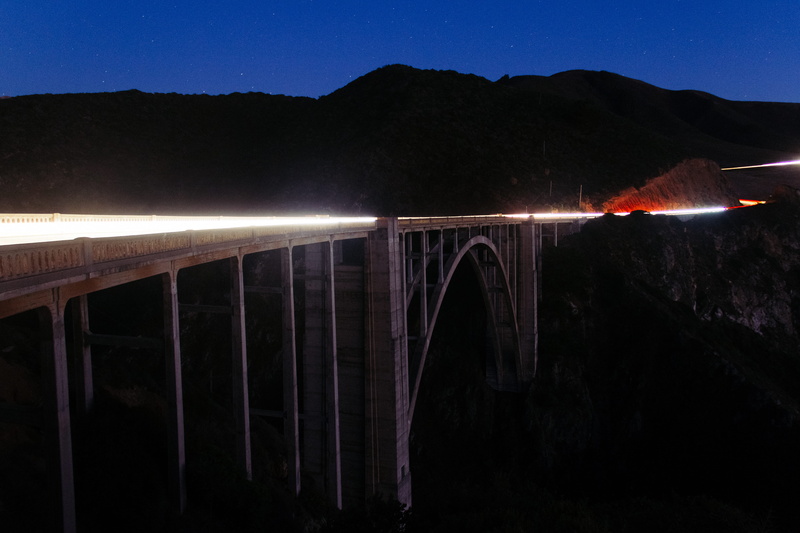 architecture, big sur, star - space, transportation, bixby creek bridge, illuminated, outdoors, water, bridge - man made structure, coast, lighttrails