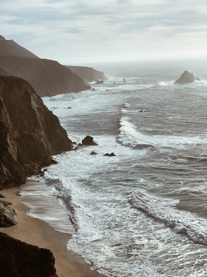 rock, rock formation, tranquil scene, monterey, scenics - nature, water, outdoors, sea waves, building, formation, wave, beside, aquatic sport, shoreline
