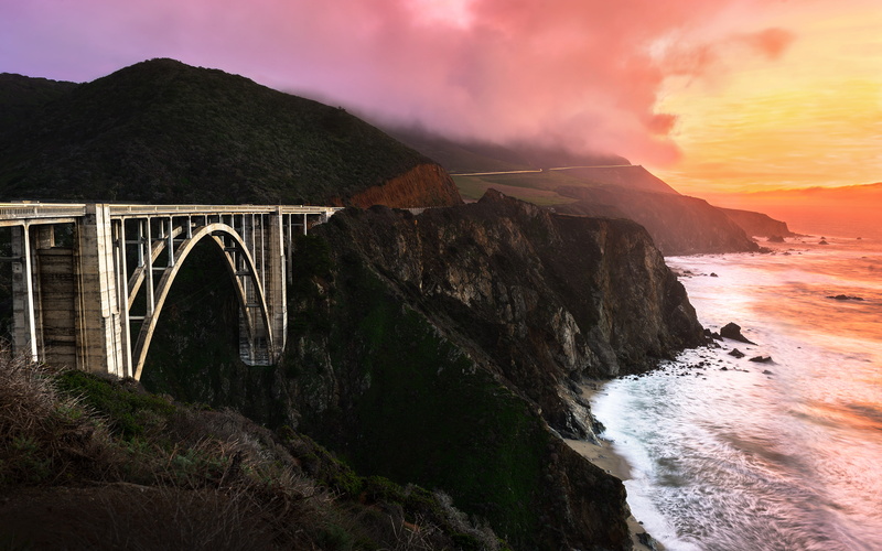 Sunset, California, 4K, Cliffed coast, Highway 1, Bixby Bridge, 4K