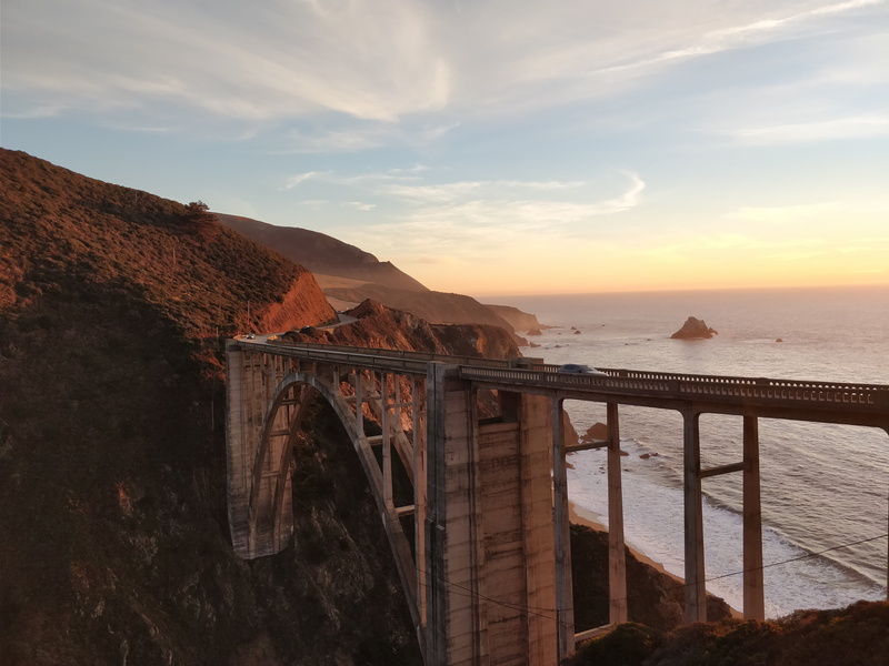 warm tones, nature, 4K, outdoors, big sur, tranquil scene, scenics - nature, concrete, water, gray, sky, blue, land, bridge, road, sea, sunrise, architecture
