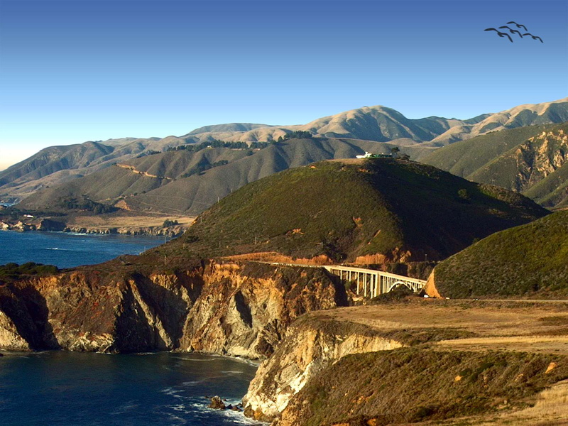 water, landscape, sky, non-urban scene, mountain, day, bixby bridge, scenics - nature, ocean, california coast, tranquil scene, blue, big sur, outdoors