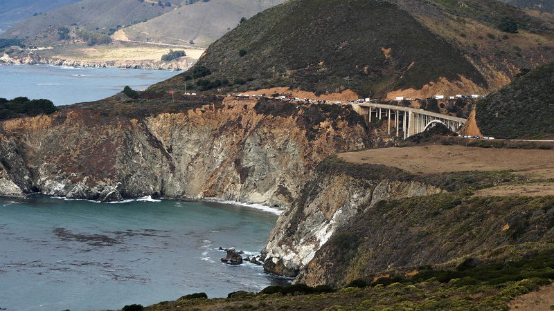 sea, rock - object, blue, ocean, built structure, bridge, rock, 4K, water, bixby, america, architecture, outdoors, mountain, rock formation, connection