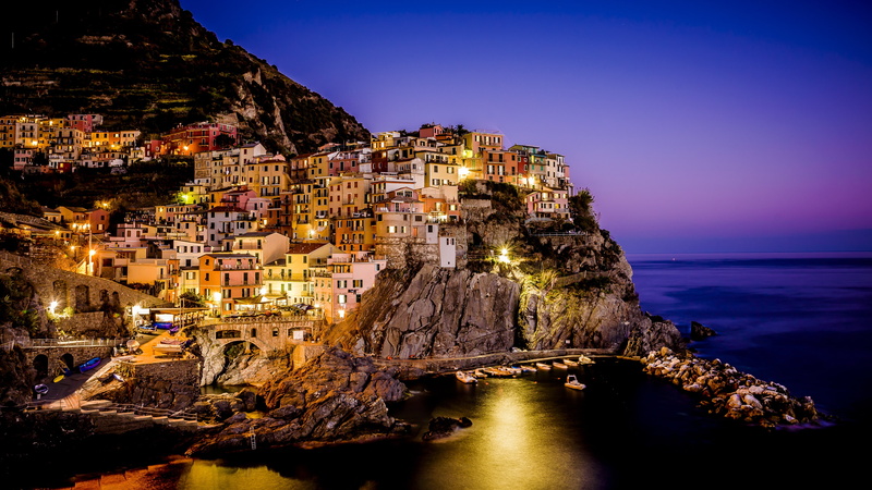 tourism, manarola, tourist attraction, cliffs, la spezia, dusk, cinque terre, italian riviera, sea, steep landscape, italy, 4K, riviera ligure di levante