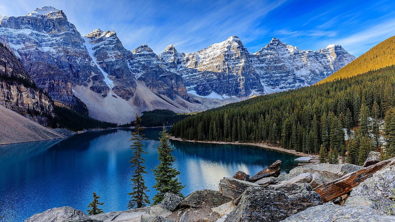 beauty in nature, environment, peaks, nature, blue lake, lake, pine tree, 1080P, banff national park, rock, snowcapped mountain, snow, coniferous tree