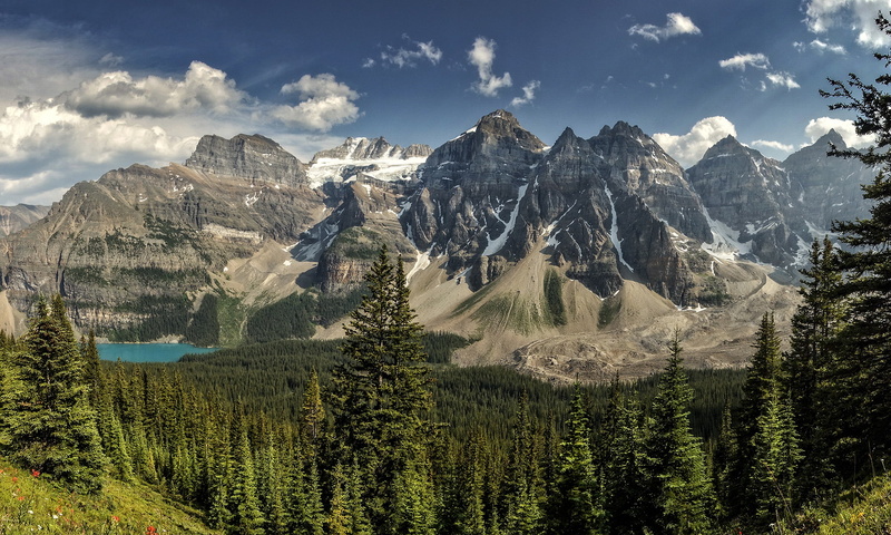 nature, formation, leafed, mountain, trees, scenics - nature, green color, snowcapped mountain, tranquil scene, growth, mountains, lake, no people, panorama
