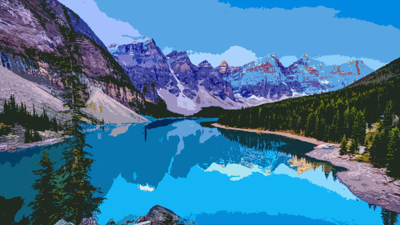 spruce, 4K, painting, trees, river, mountains, ten peaks, valley of the ten peaks.