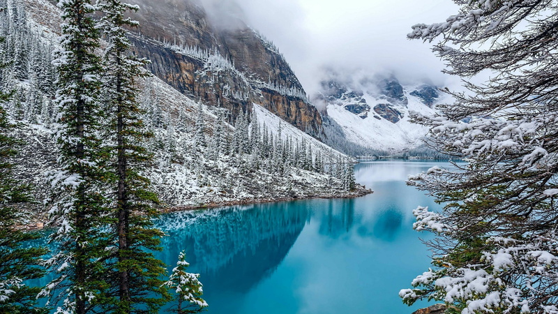 national park, tranquil scene, day, pine tree, cold temperature, forest, tarn, lake, sky, power in nature, nature, valley, outdoors, reflection, non-urban scene