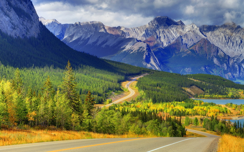 Canada, Forest, Mountains, Autumn, 2K, Banff, Lake, Trees, Road, Alberta, Abraham
