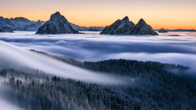 haze, freezing, mist, 4K, mountain, fog, morning, sky, peaks, peak, winter, dawn, mountain range