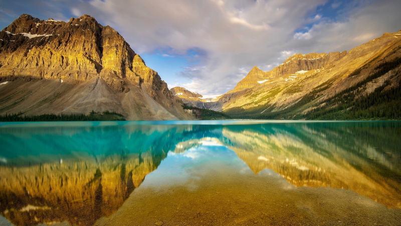 lake, calm, mountain lake, glacial lake, mountain range, crowfoot mountain, reflected, bow lake, canada, 4K, national park, sky, alberta, banff national park