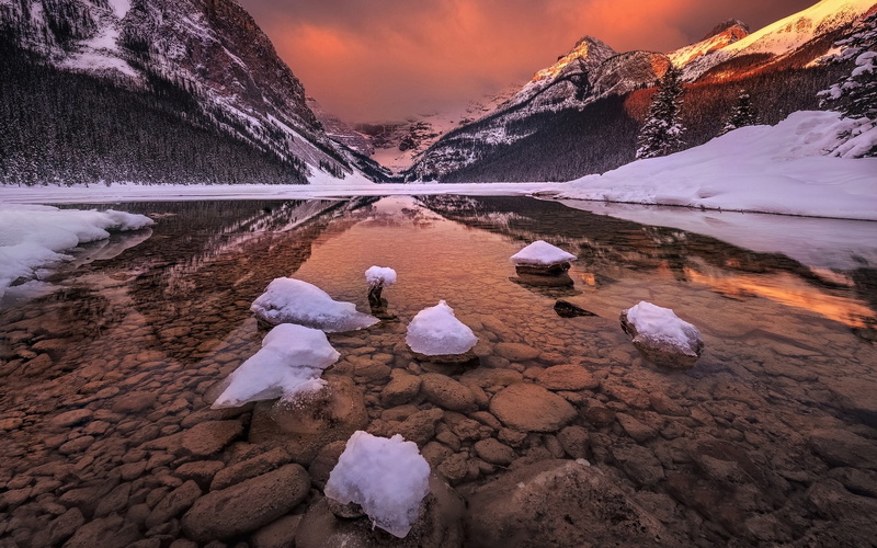 Banff, covered, river, Lake, Glacial, Alberta, photo, 1080P, Park, Canada, Mountains, National, Snow, Rocky, mountain