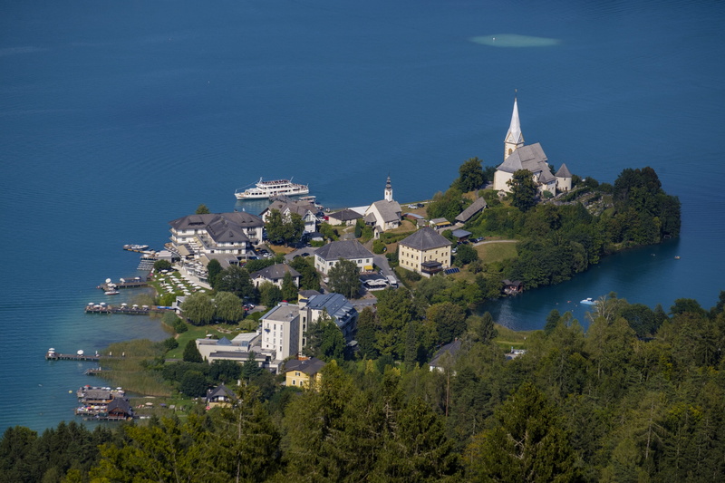 wörthersee, church, luxury, austria, maria wörth, sea, religion, building exterior, view, panorama, city, nature, travel destinations, island, 5K, built structure