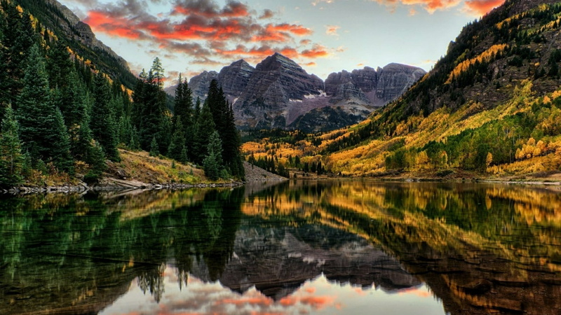 mountain range, tranquil scene, beauty in nature, valley, idyllic, 1080P, autumn, nature, maroon bells, maroon peak, wilderness, tree, scenics - nature