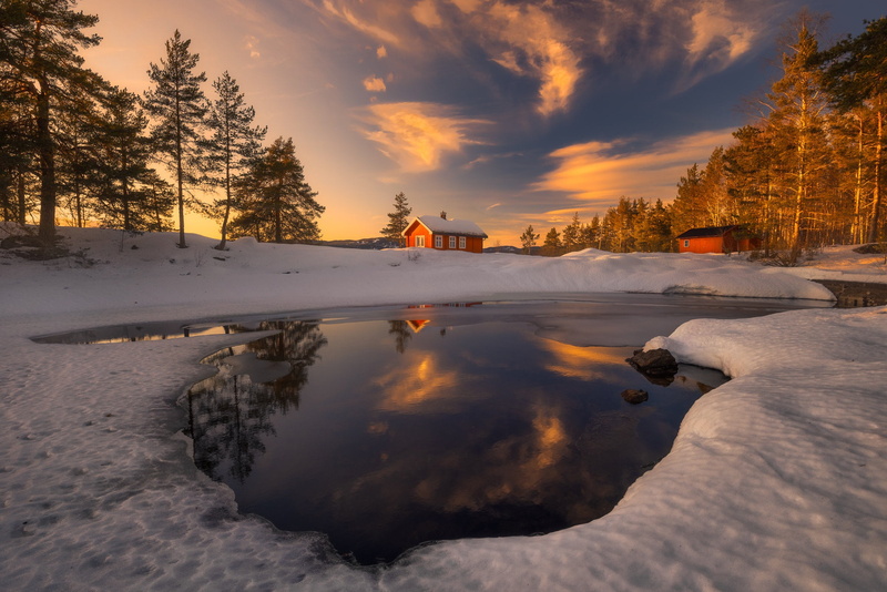 snow, Ole Henrik Skjelstad, the sun, house, winter, river, 1080P