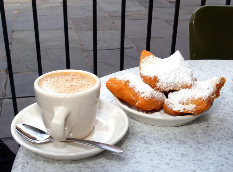 breakfast, sweet food, saucer, beignets, new orleans, drink, frothy drink, plate, hot drink, chicory, dawn, still life, cafe, latte, food and drink, french chicory