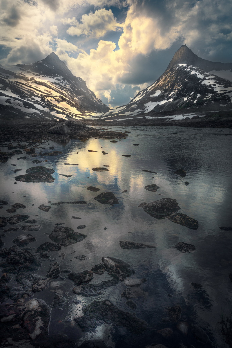 nature, clouds, mountains, stones, water, 1080P, reflection, landscape, Ole Henrik Skjelstad, snow