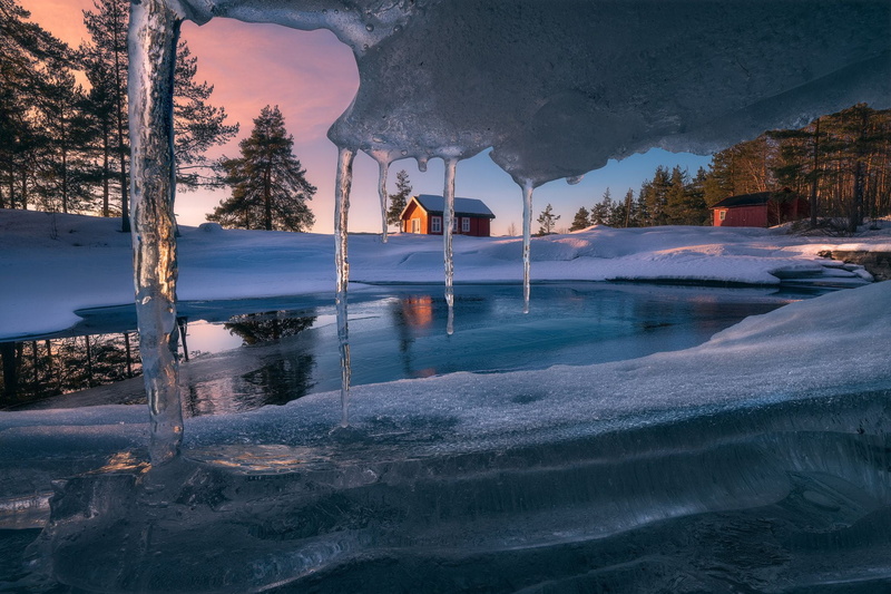winter, 1080P, landscape, icicle, Ole Henrik Skjelstad, sunset, snow, cabin, nature, trees, frozen lake, ice, reflection, Norway