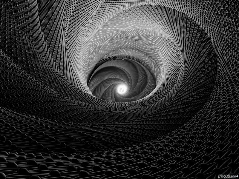 digital art, low angle view, black, geometric shape, 720P, circle, metal, built structure, gray, concentric, spiral staircase, pattern, architecture, shape