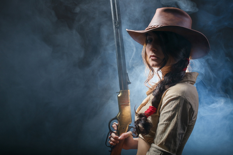 beautiful background, smoking - activity, western, cowboy hat, waist up, one person, women, rifle, ammunition equipment, portrait, Winchester, 4K, woman