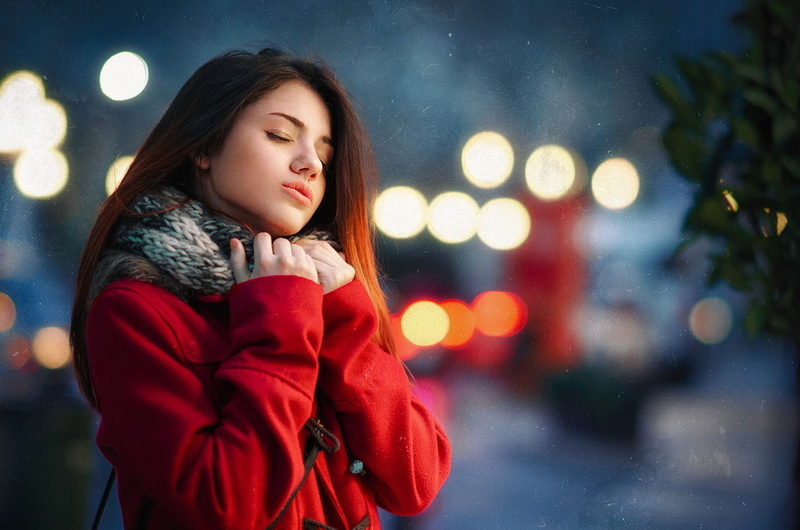 beauty, snow, women, night, outdoors, red coat, coats, scarf, winter, 480P, teenager, portrait, young adult, beautiful people, emotion, city, contemplation