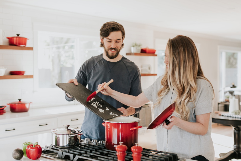 hairstyle, preparation, holding, room, shelf, stove, domestic room, young adult, person, cooktop, adult, oven, mixing bowl, togetherness, chop, standing