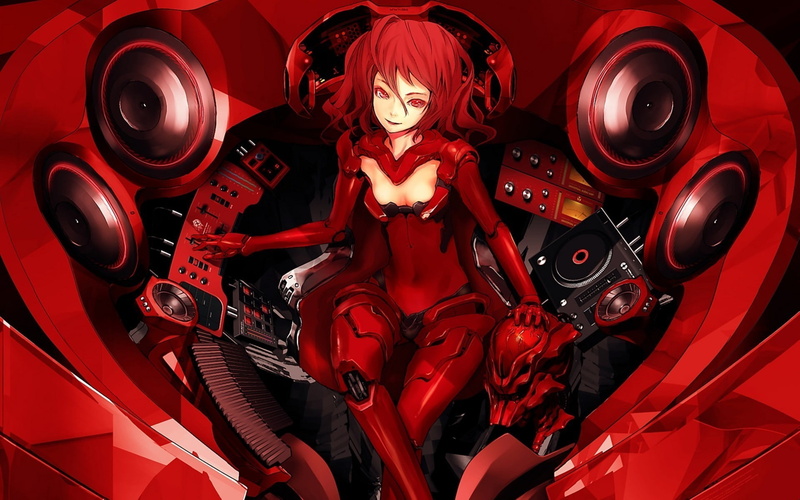1080P, human representation, high angle view, looking at camera, cyborg, disc jockey, fantasy art, technology, art and craft, female likeness, front view