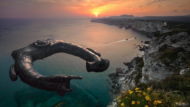 sky, rock, famous Place, water, beach, earth, vacations, landscape, solid, 1080P, ship, travel Destinations, game, tranquil scene, orange color, space