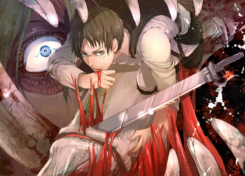 subaru, brown, female, jaeger, blue, sword, short, kyojin, hair, green, blood, kadowaki, eren, weapon, shingeki, titan, eyes, 720P