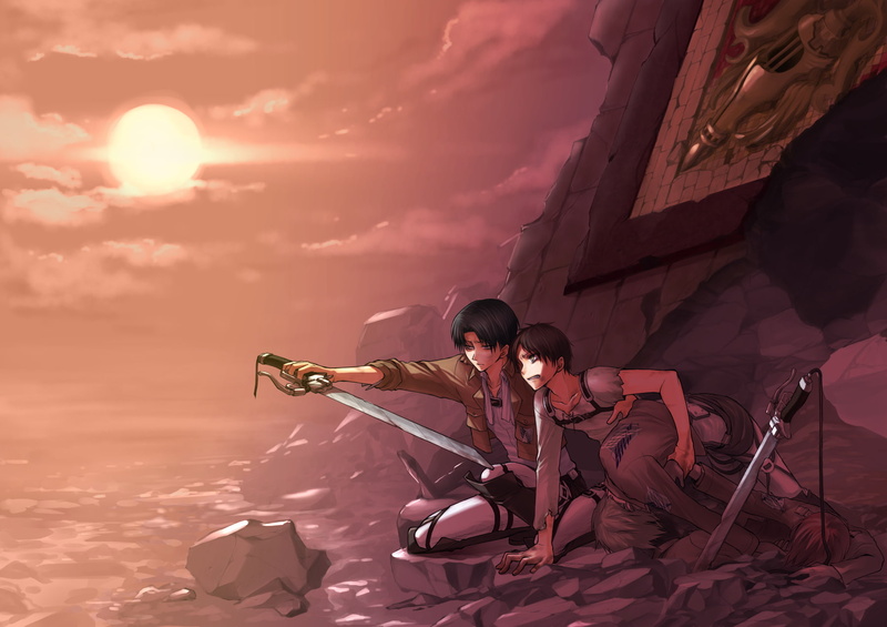 shingeki, sunset, rivaille, short, sword, jaeger, uniform, blonde, hair, weapon, sky, brown, 720P, clouds, red, eren, black, kyojin, beach, water, shirano