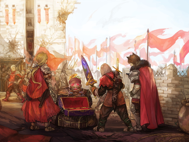Armored, weapon, nekomimi, mmorpg, flag, artwork, Pixiv Fantasia T, Pixiv, landscape, Pixiv Fantasia, 1080P, trading, cityscape, digital art, warrior