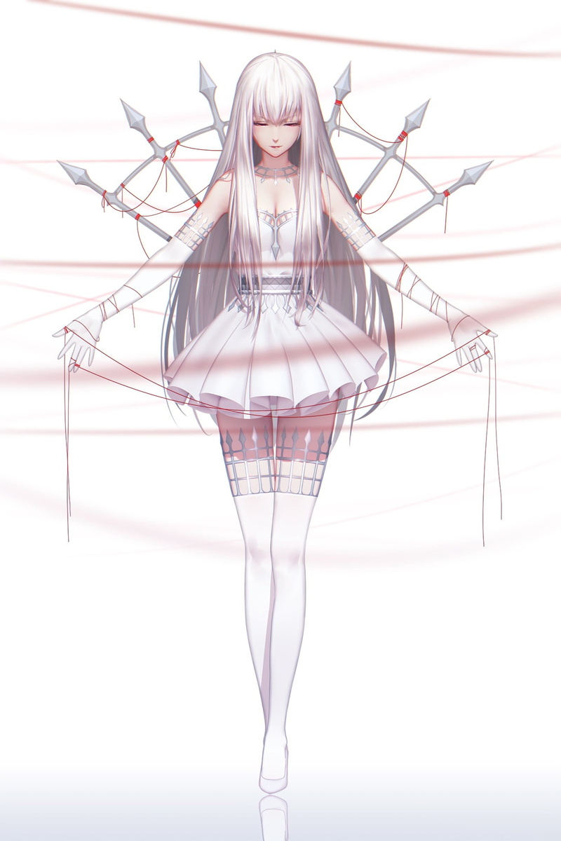 gloves, thigh-highs, smiling, creativity, looking at camera, white color, indoors, craft, white dress, original characters, hair, lighting equipment, white hair