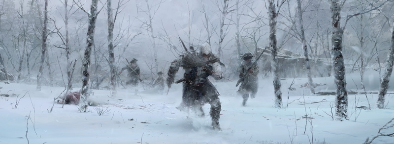 white color, assassins creed, warm clothing, 2K, creed, day, assassins creed iii, snowing, rear view, one person, cold temperature, s, non-urban scene