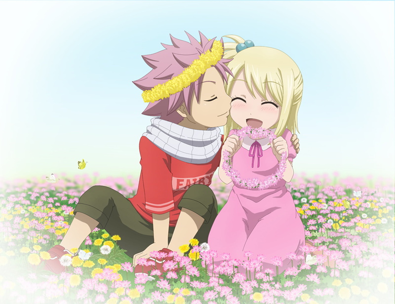 bonding, springtime, emotion, Natsu Dragneel, Lucy Heartfilia, flower, sky, two people, natsu, 1080P, nature, Anime, girls, daughter, adult, fairy, togetherness