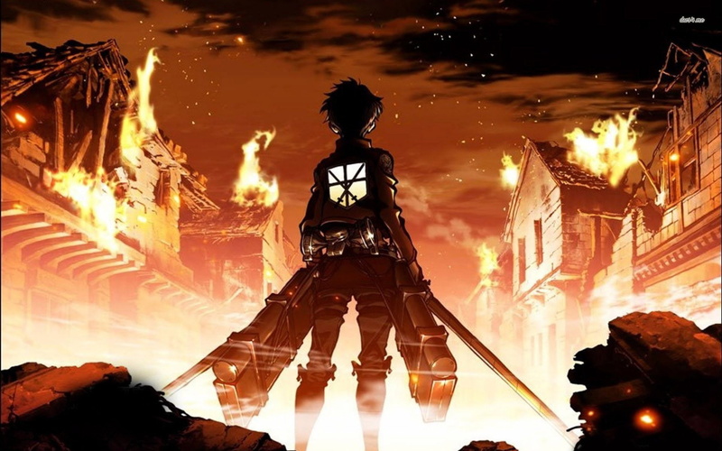 standing, 1080P, Eren Yeager, night, communication, men, outdoors, fire - Natural Phenomenon, urban Scene, architecture, rear view, Attack On Titan, famous Place