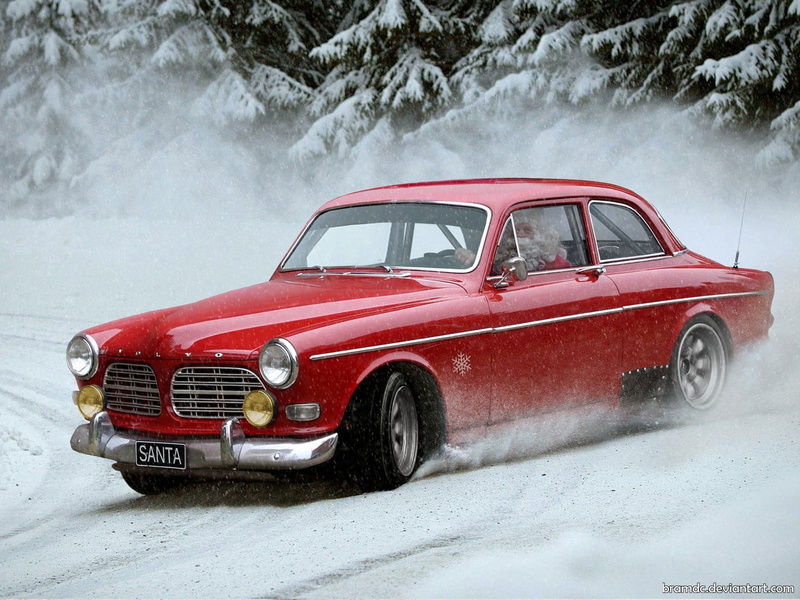 coupe, warning sign, mode of transportation, city, road, snow, transportation, red cars, drift, Santa Claus, environment, Volvo, red, cold temperature
