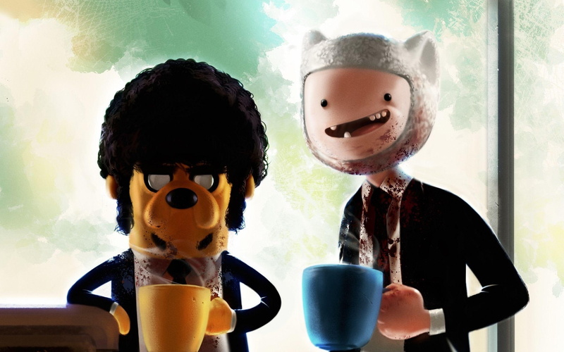 finn the human, 2560x1600, adventure, adventure time, pulp fiction, finn, time, pulp, jake the dog, 2K, jake, funny, fiction, animated, crossover, parody
