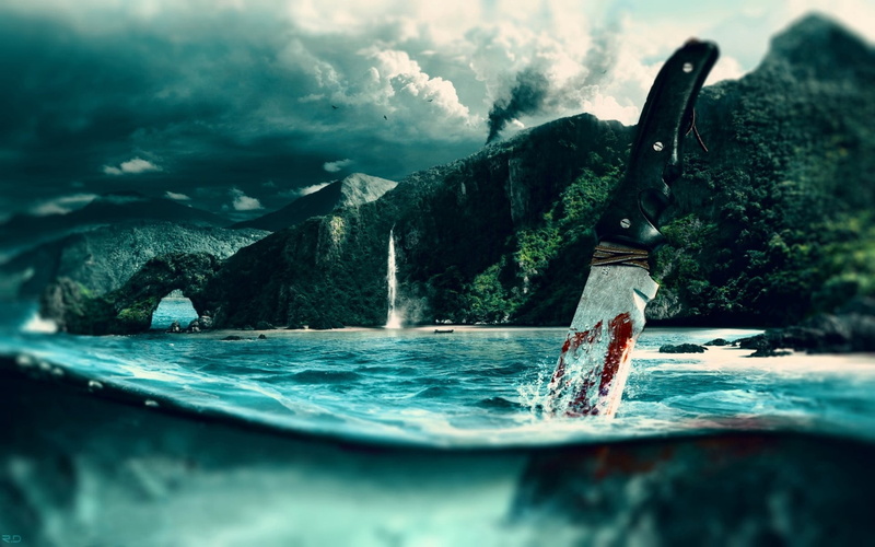 knife, day, nature, tree, no people, body, sky, sea, video games, nautical vessel, outdoors, Far Cry 3, selective focus, cloud - sky, mountain, flowing water