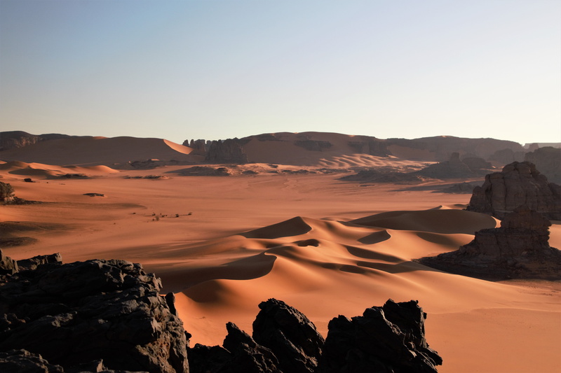 sunset, idyllic, environment, mountain range, mountain peak, clear sky, remote, sahara, sand, outdoors, desert, near, landscape, solid, rock - object, arid climate